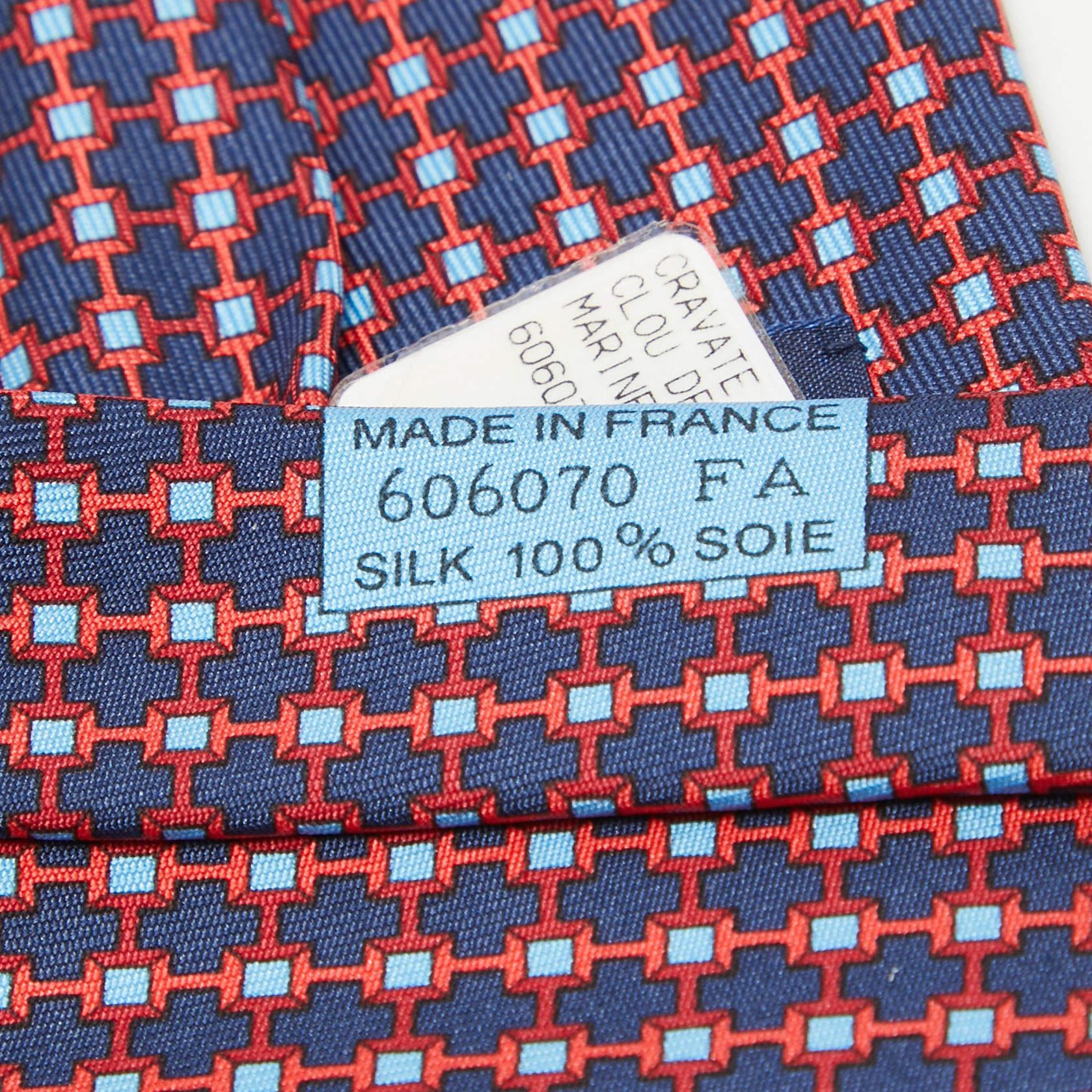 Gray Hermes Navy Blue Print Silk Clou De Forge Tie
