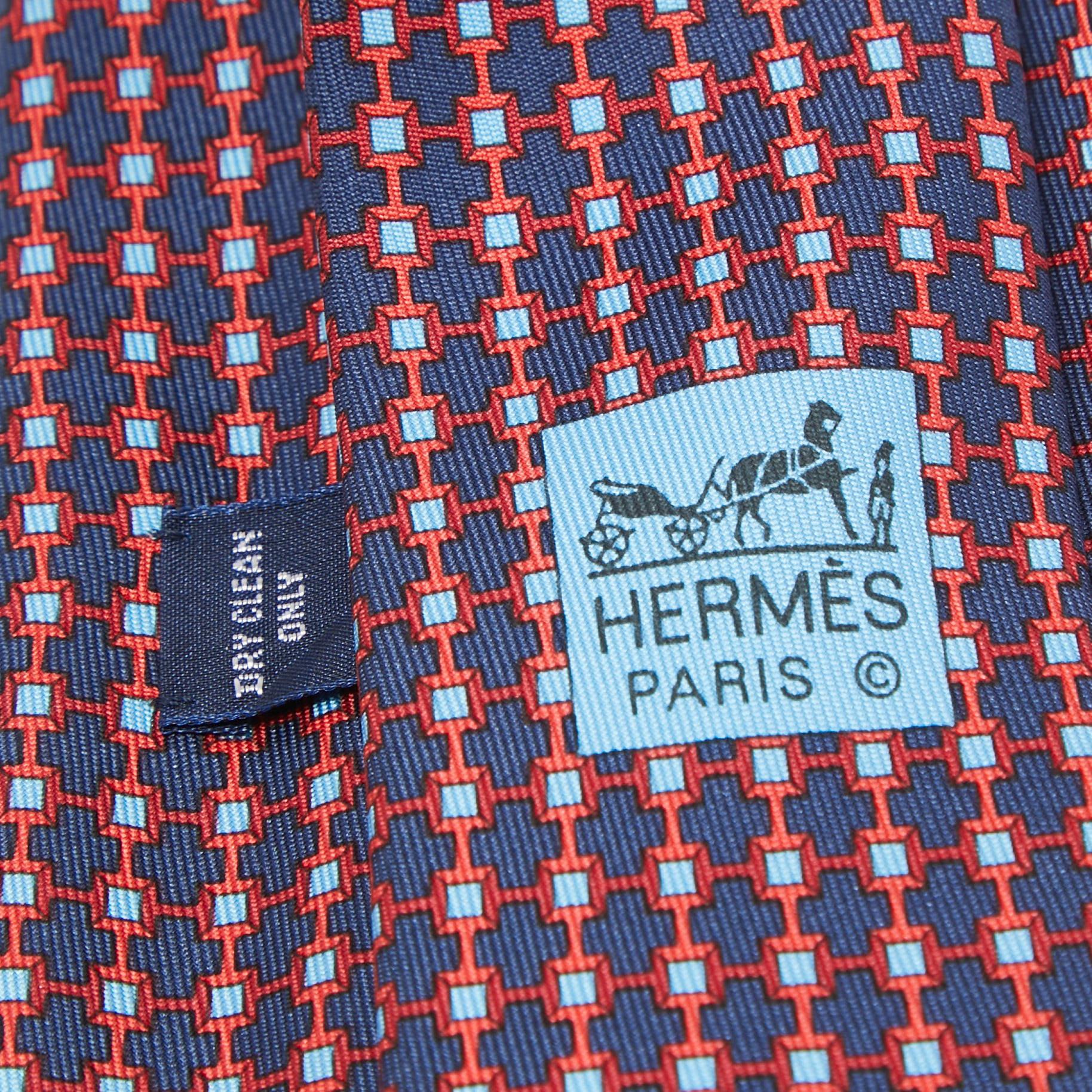 Hermes Navy Blue Print Silk Clou De Forge Tie In Excellent Condition In Dubai, Al Qouz 2