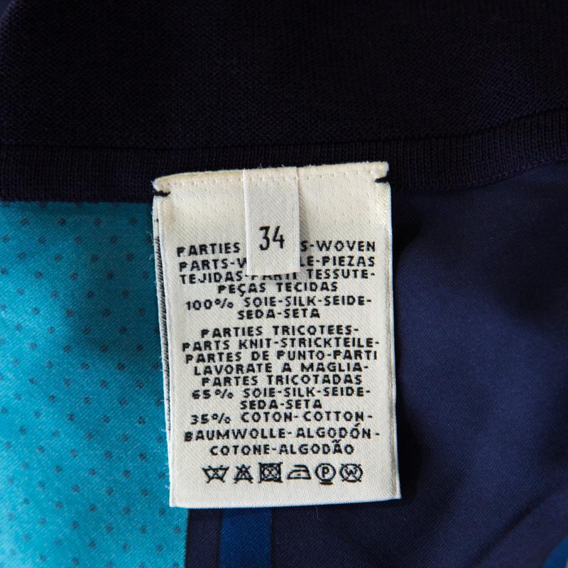 Hermes Navy Blue Printed Cotton Silk Long Sleeve Sweater Top S 1