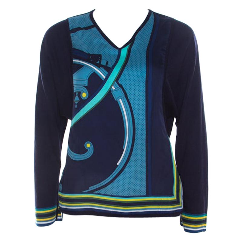 Hermes Navy Blue Printed Cotton Silk Long Sleeve Sweater Top S