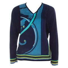 Hermes Navy Blue Printed Cotton Silk Long Sleeve Sweater Top S