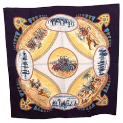 HERMES navy blue silk CAVALIERS PEULS 90 Twill Scarf Marine