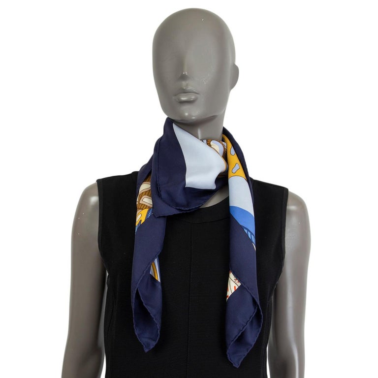HERMES navy blue silk GRANDS FONDS DETAIL 90 TWILL Scarf For Sale at ...