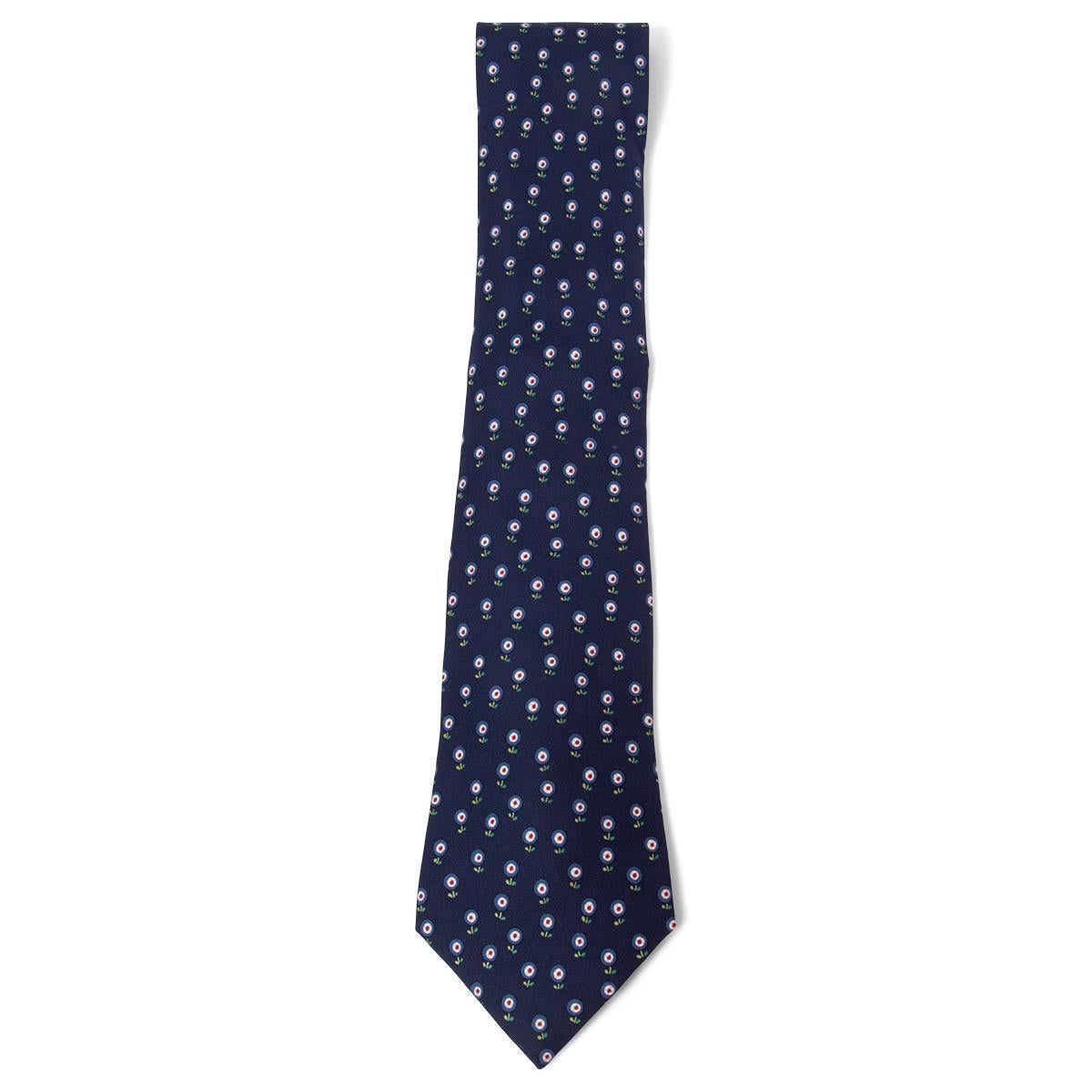 HERMES navy blue silk twill 5024 FLORAL Tie For Sale