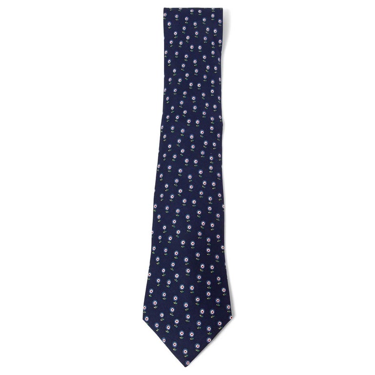 Cravate HERMÈS En Soie 100% - Motif Floral Cœur Marine - Neuve Sans étiquettes Avec Boîte