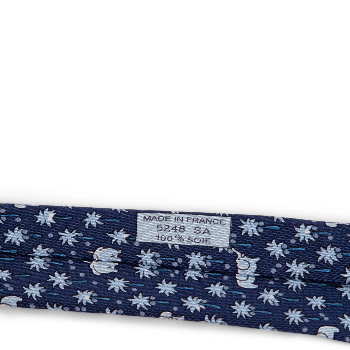 HERMES navy & blue silk twill 5248 ELEPHANT & PALM Tie 1