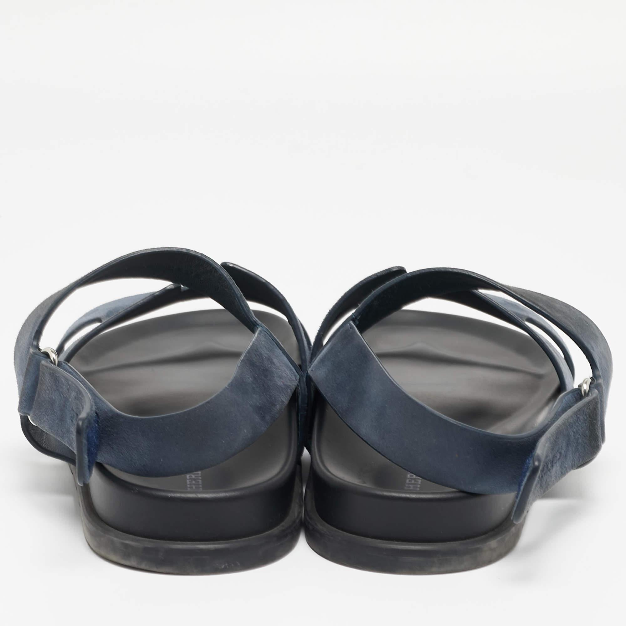 Gray Hermes Navy Blue Suede Genius Flat Sandals Size 43