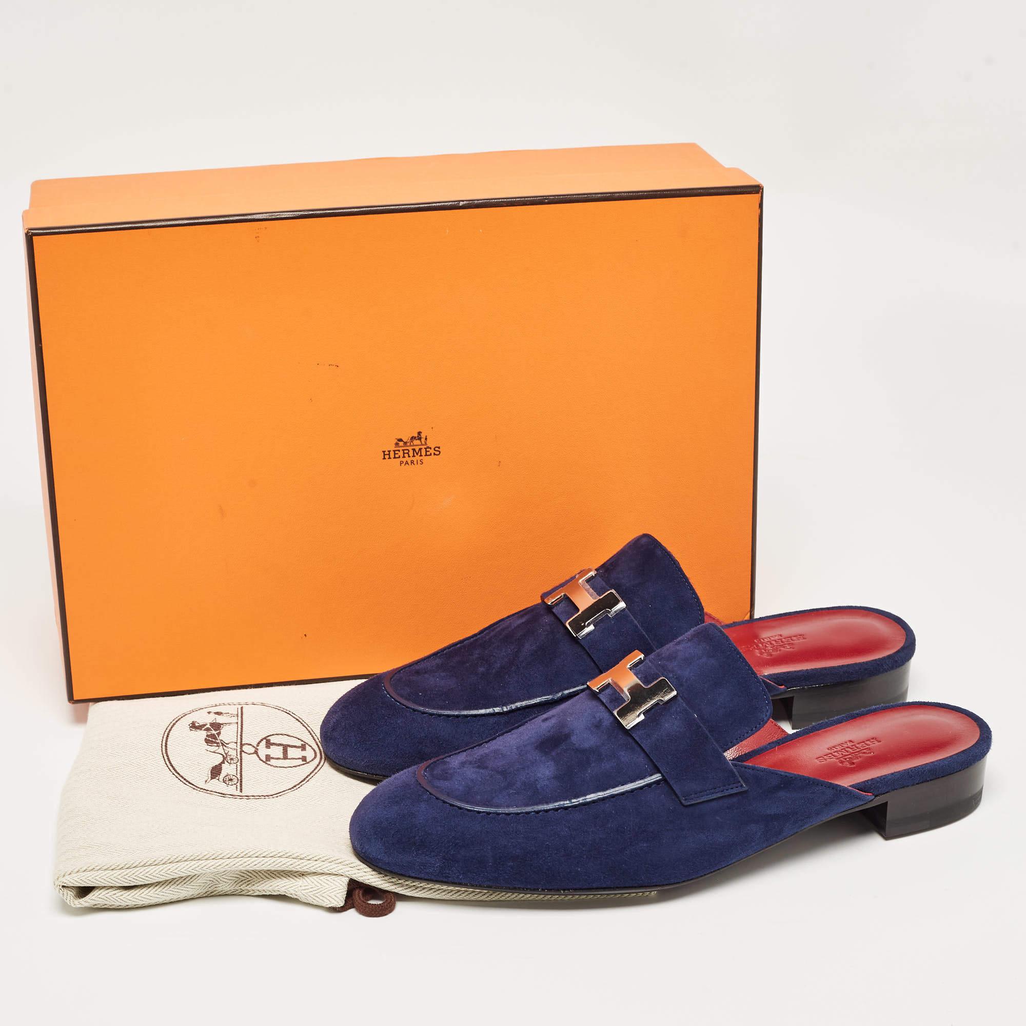 Hermes Navy Blue Suede Trocadero Mules Size 39.5 For Sale 6