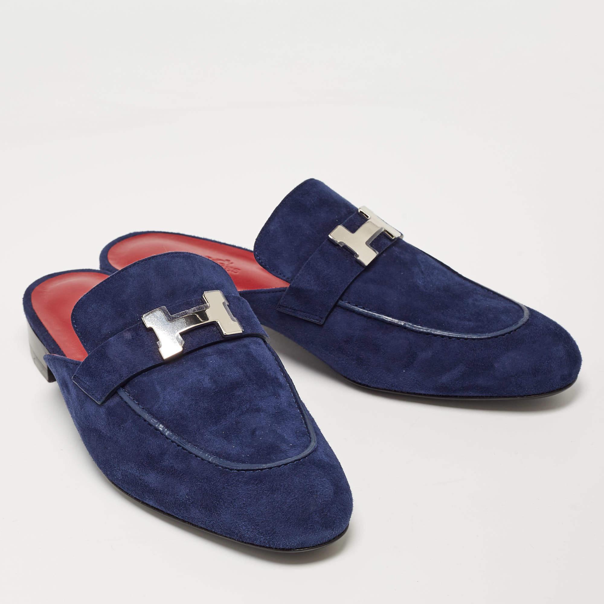Hermes Navy Blue Suede Trocadero Mules Size 39.5 For Sale 4