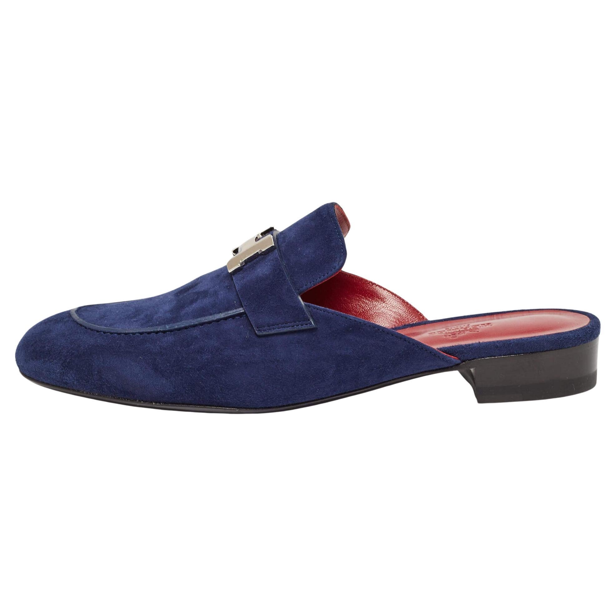 Hermes Navy Blue Suede Trocadero Mules Size 39.5 For Sale