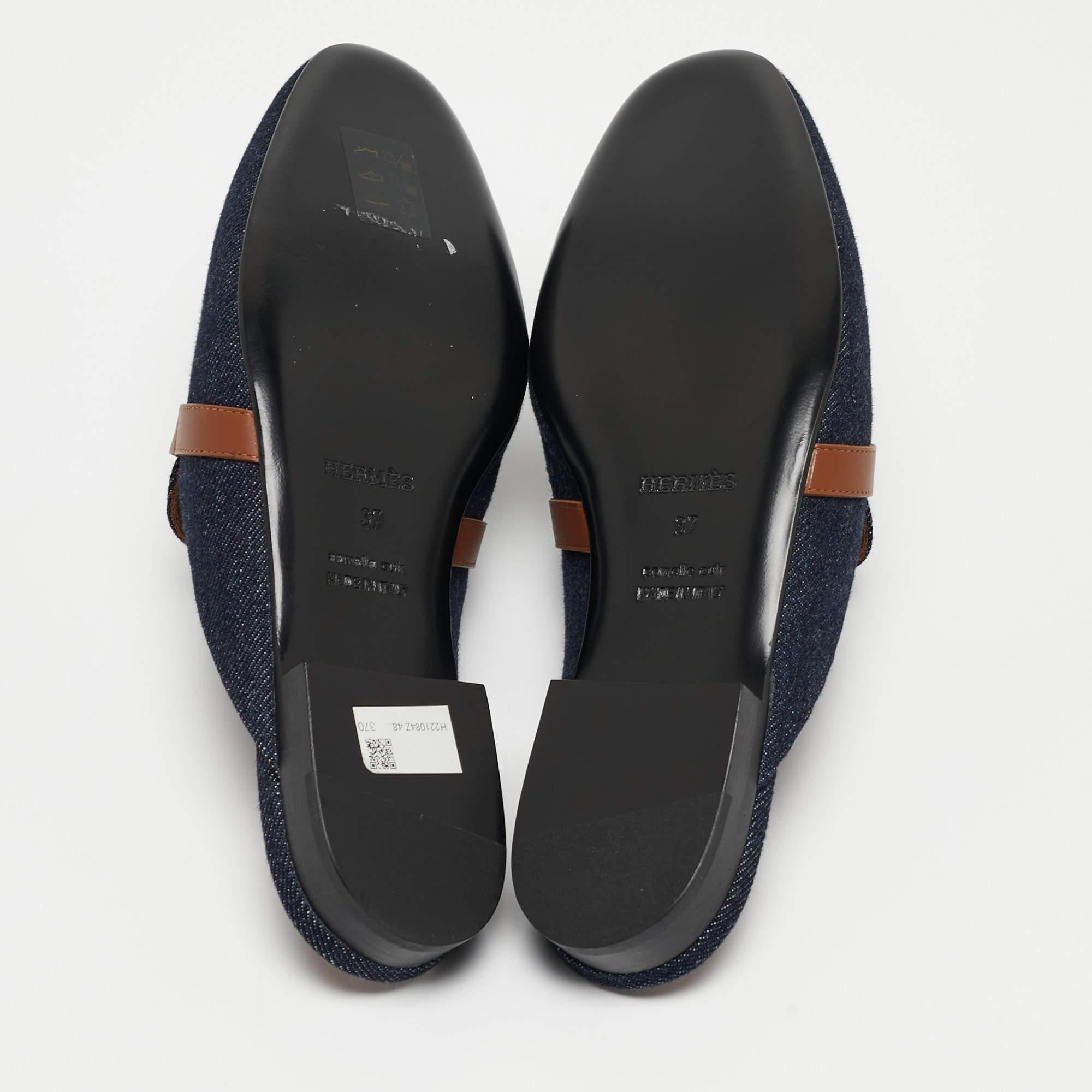 Hermes Navy Blue/Tan Denim and Leather Oz Flat Mules Size 37 1