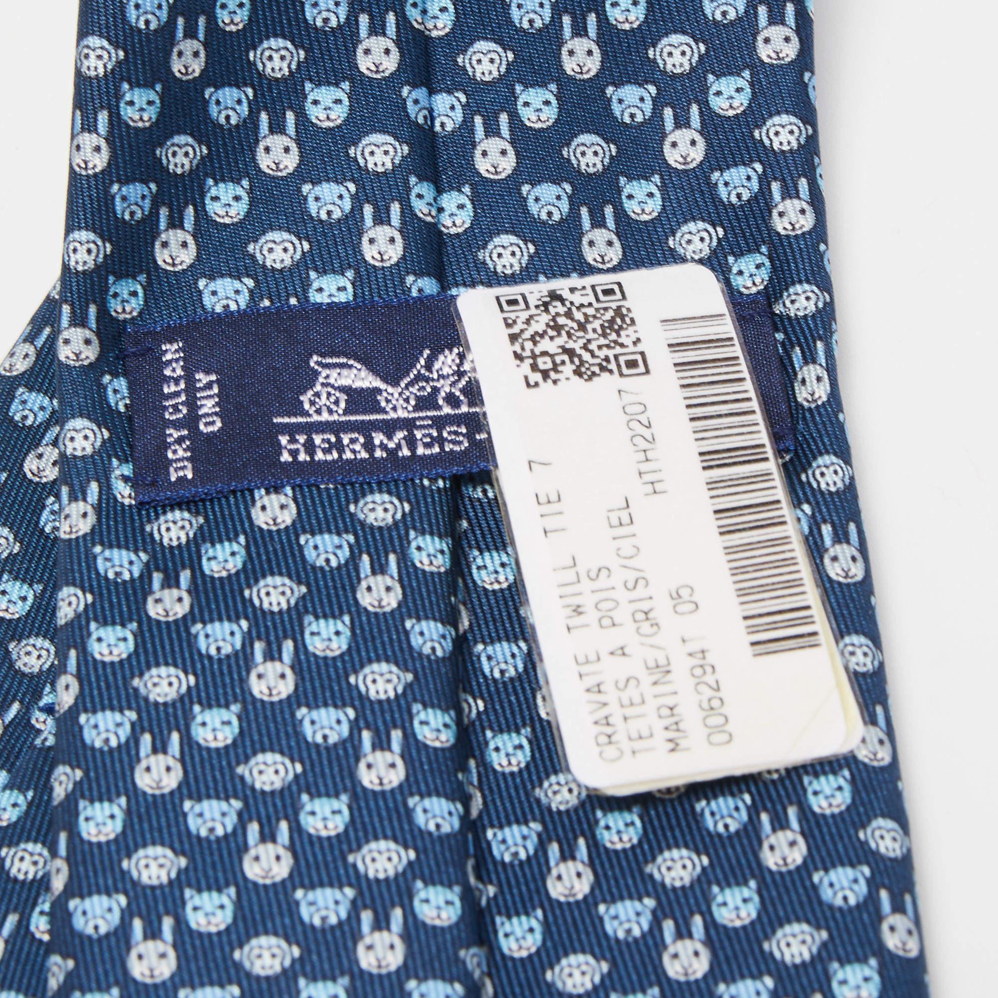 Men's Hermès Navy Blue Tetes A Pois Printed Silk Slim Tie