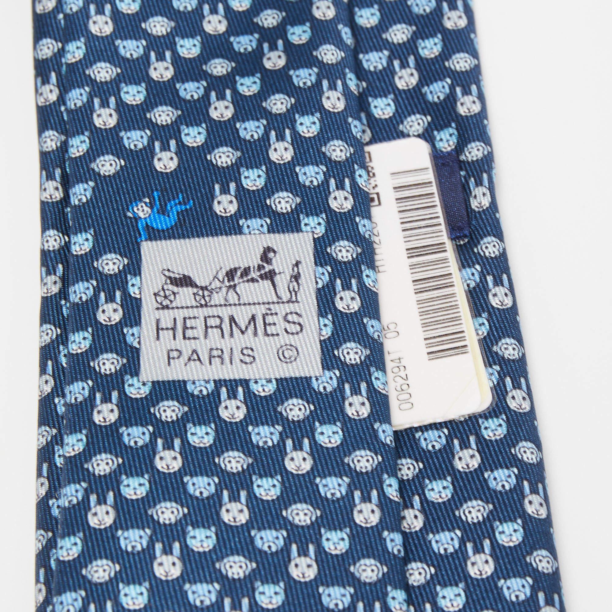 Hermès Navy Blue Tetes A Pois Printed Silk Slim Tie 1
