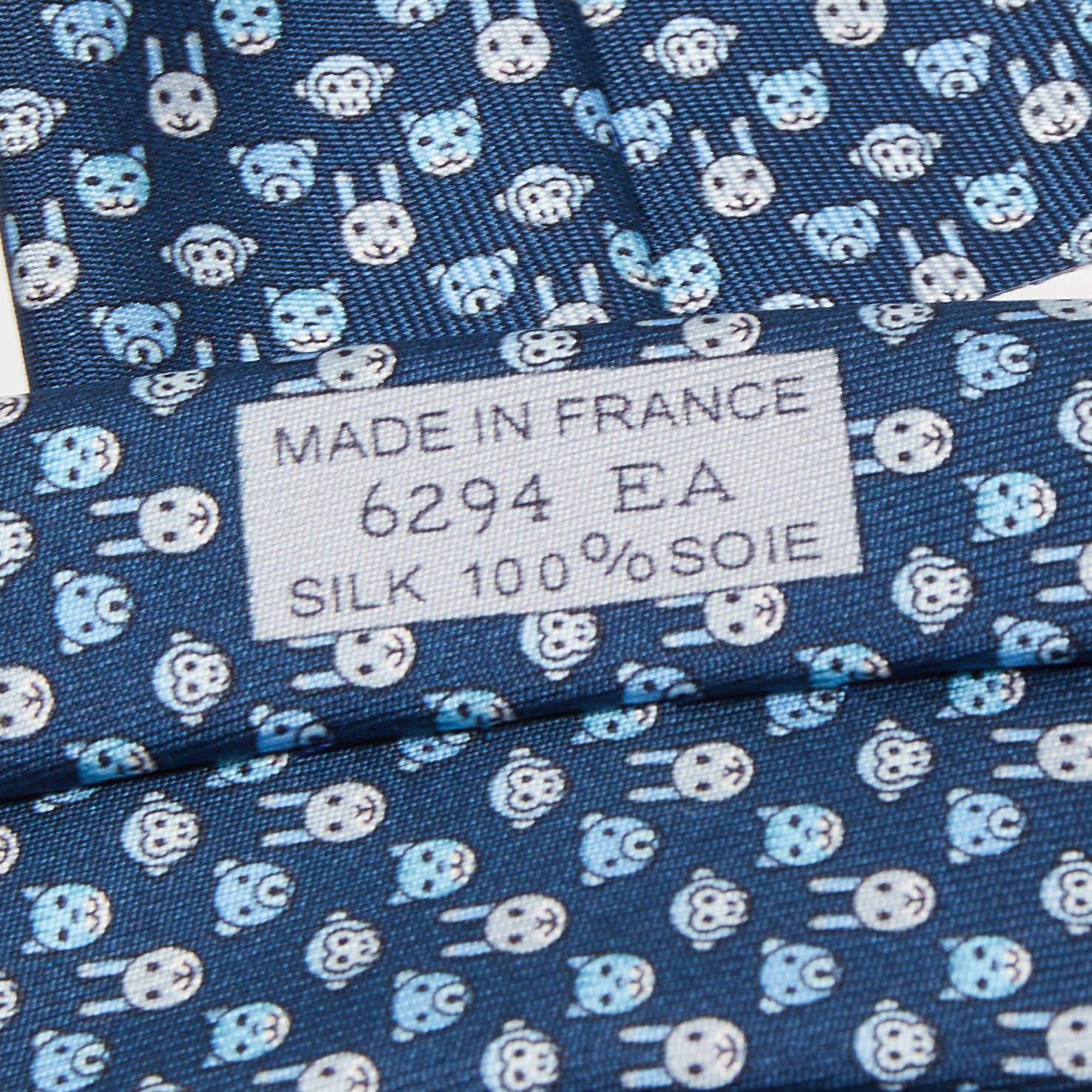 Hermès Navy Blue Tetes A Pois Printed Silk Slim Tie 2