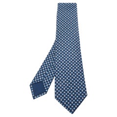 Hermès Navy Blue Tetes A Pois Printed Silk Slim Tie