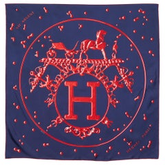 Hermes Navy Blue Vif Argent Printed Silk Square Scarf