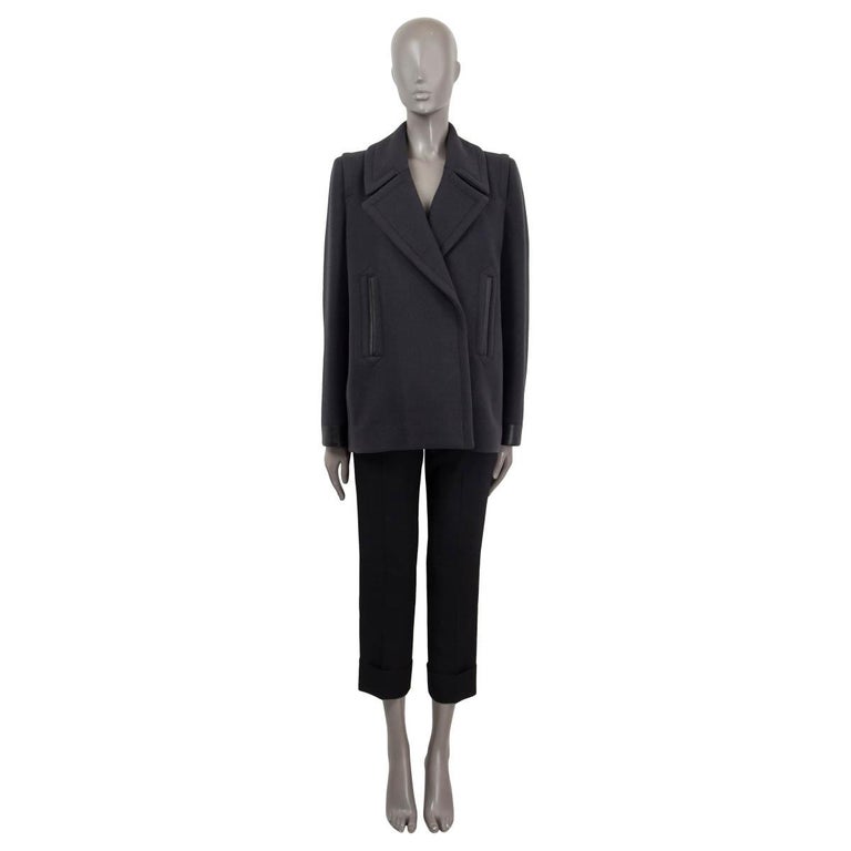 HERMES navy blue wool and angora 2013 LEATHER TRIM Peacoat Coat Jacket