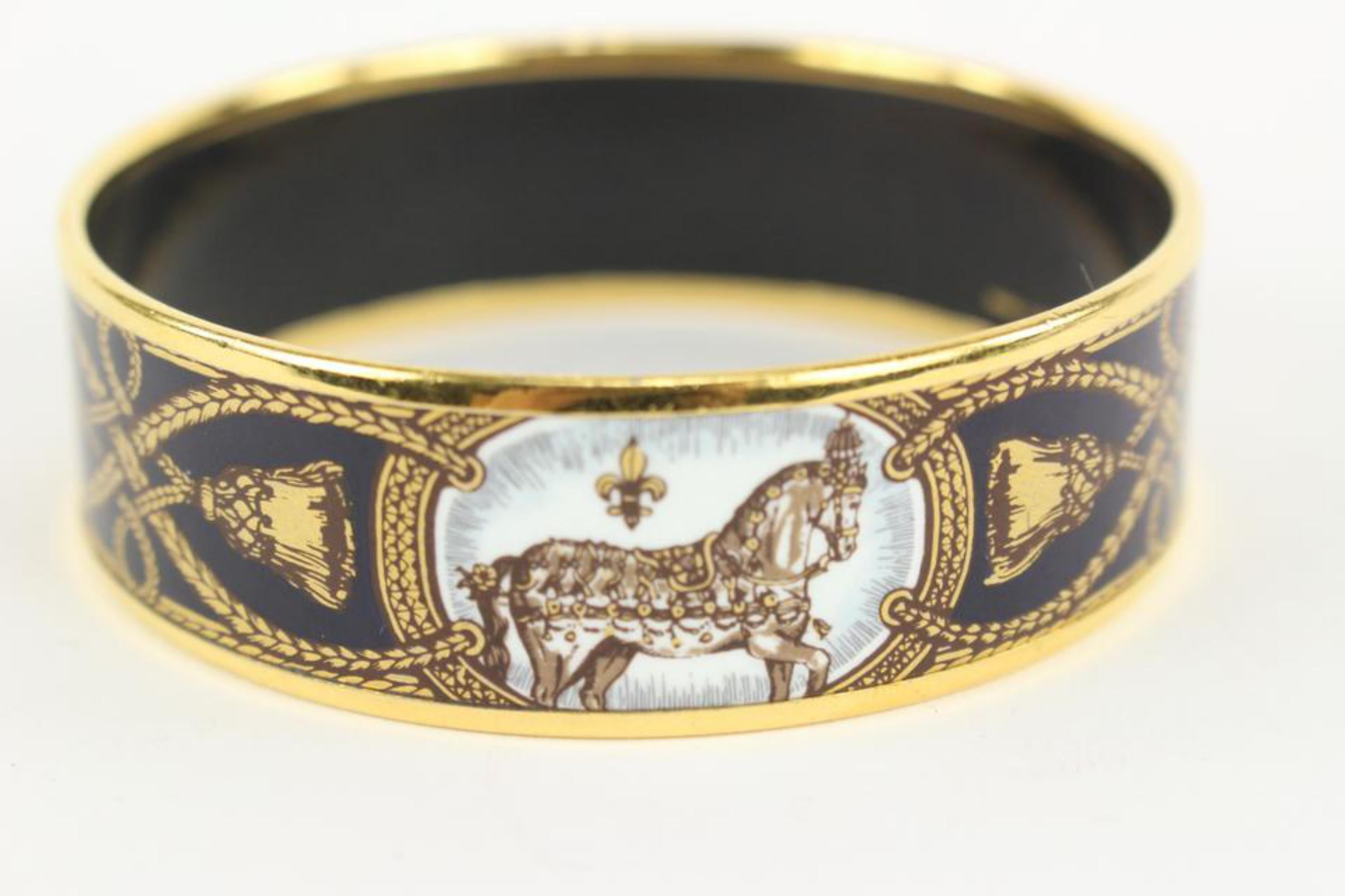 Gray Hermès Navy Blue x Gold Horse Motif Cloisonne Bangle Bracelet Cuff 105h21