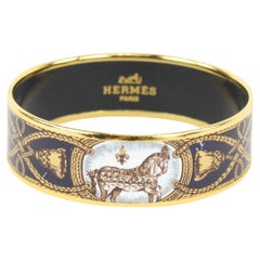 Hermès Navy Blue x Gold Horse Motif Cloisonne Bangle Bracelet Cuff 105h21