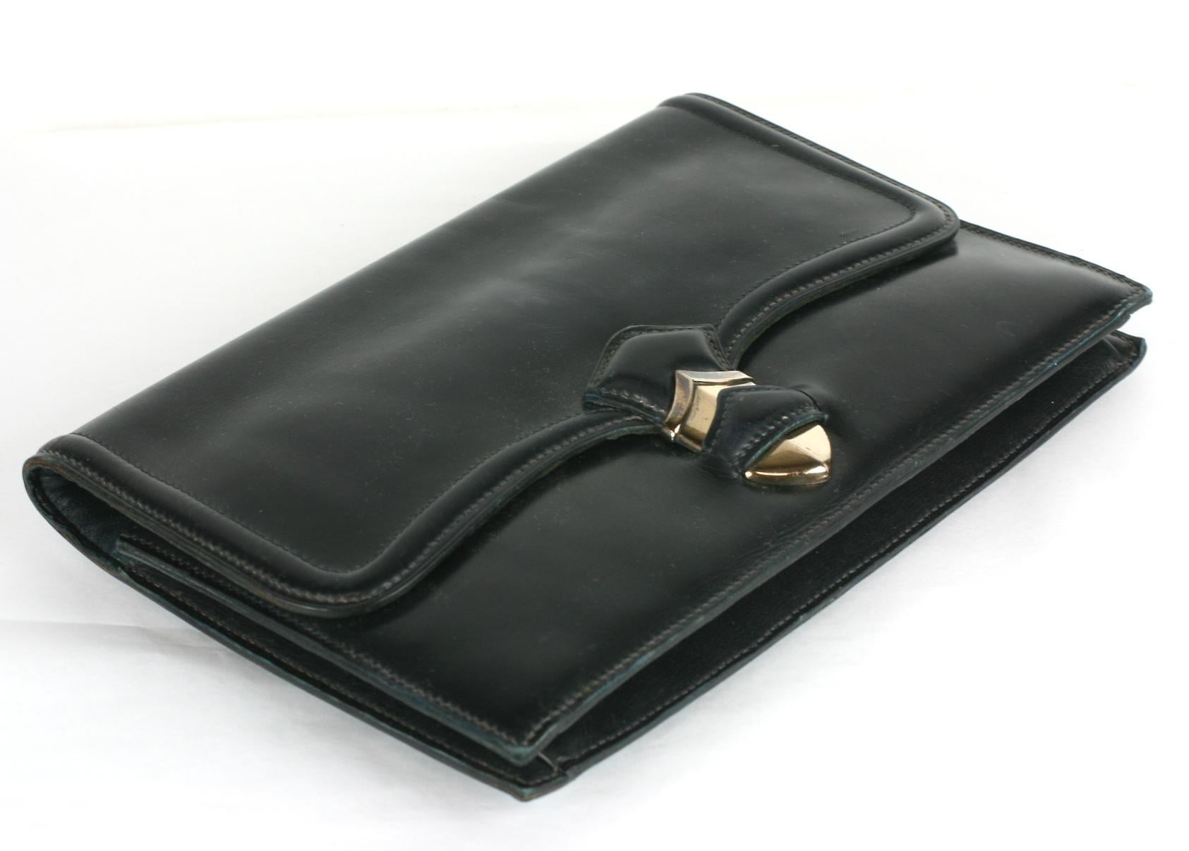 Black Hermes Navy Calf Pan Clutch with Sterling Silver Hardware For Sale