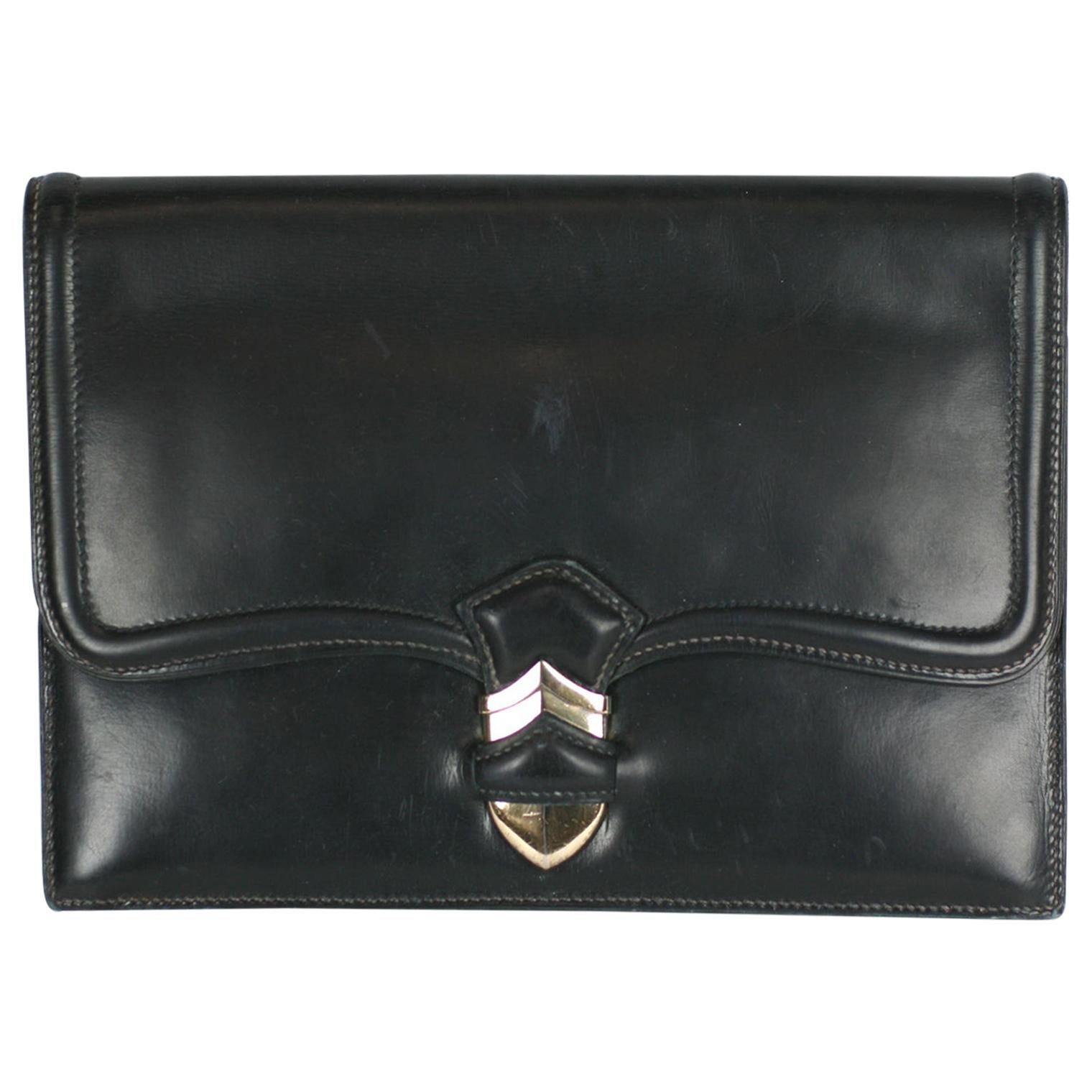  Hermes Navy Calf Pan Clutch with Sterling Silver Hardware For Sale