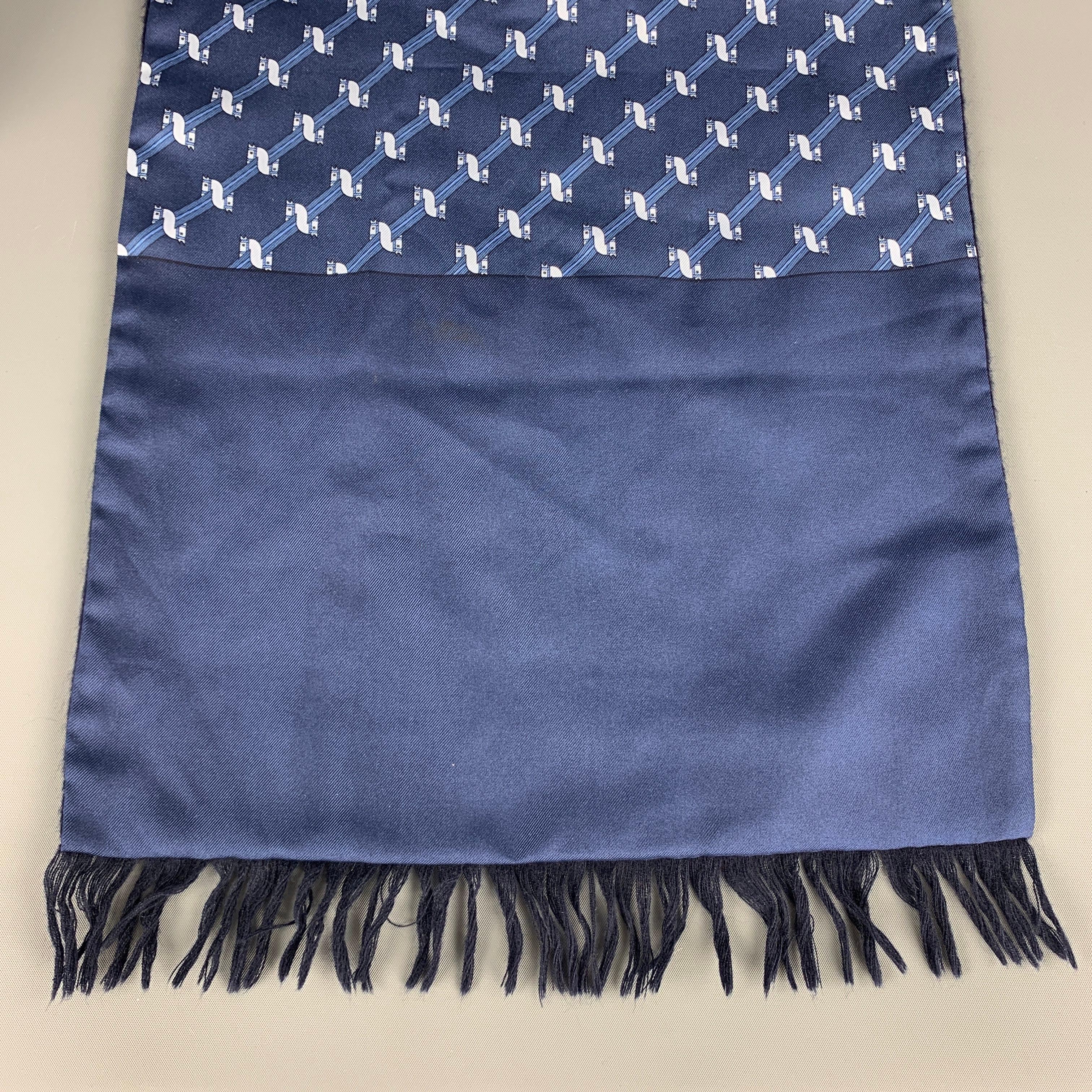 HERMES Scarf comes in a navy  tone in silk /cashmere & wool material, with  a 