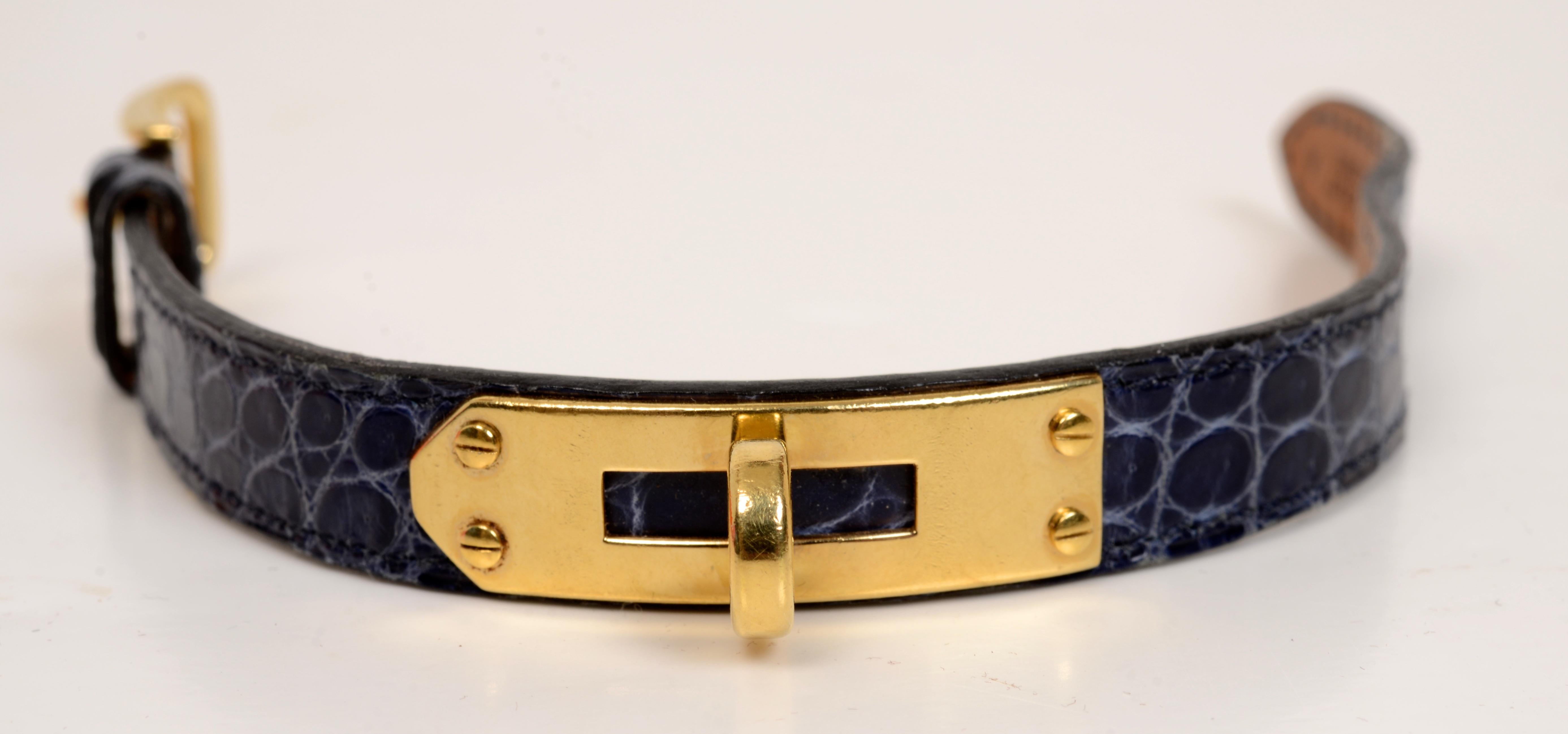 A Hermès watchband for the Kelly watch with 18K gold plated hardware and navy crocodile band. Stamped: Hermès, Swiss Placque D.
N.P. Trent has been a respected name in antiques for over 30 years with a large rcollection of antique and vintage