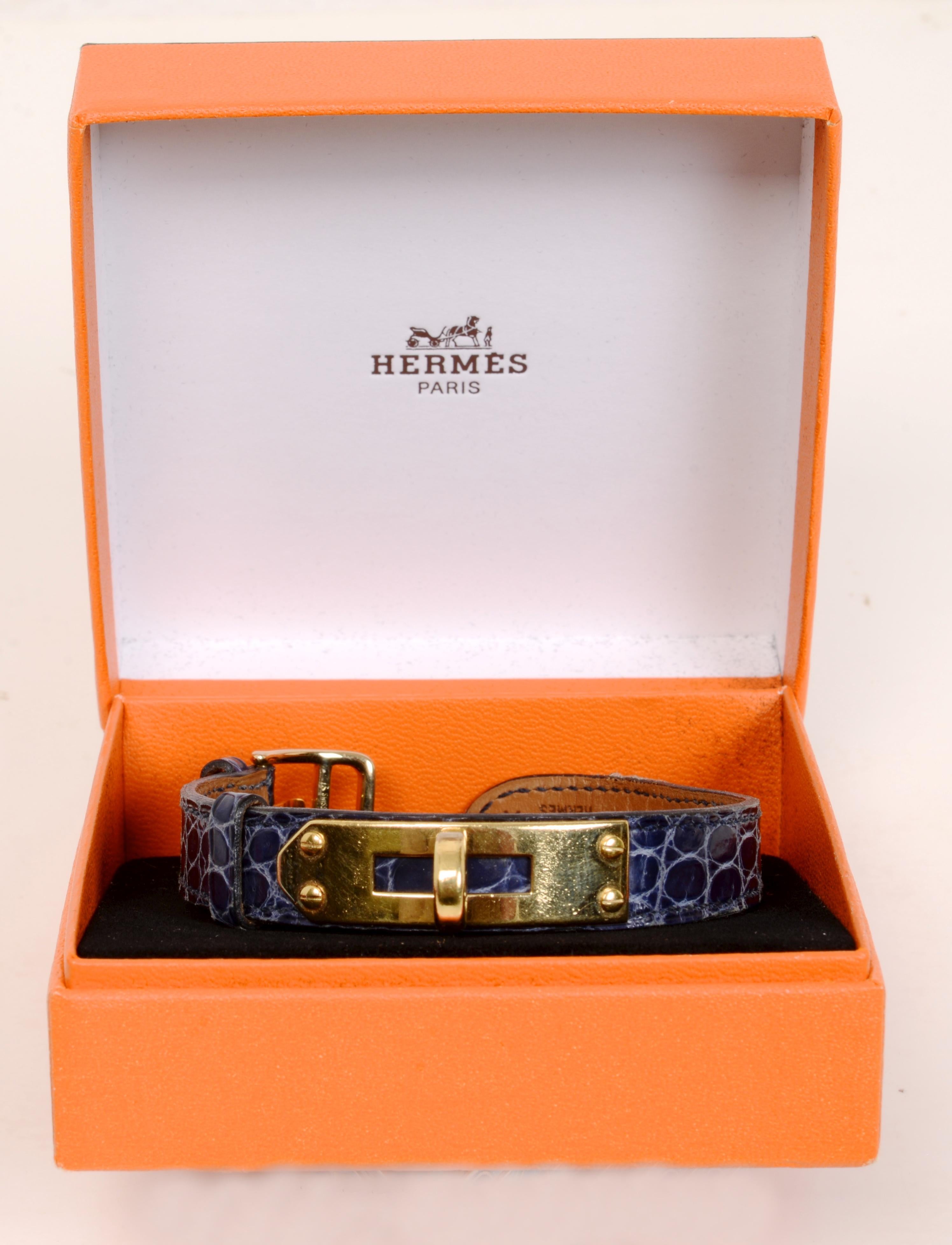 Hermès Navy Crocodile and 18 Karat Gold-Plated Kelly Watchband 7