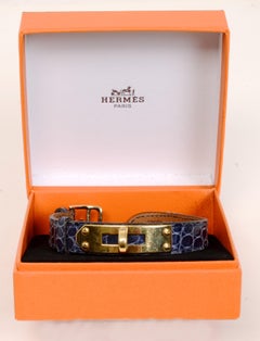 Hermès Navy Crocodile and 18 Karat Gold-Plated Kelly Watchband