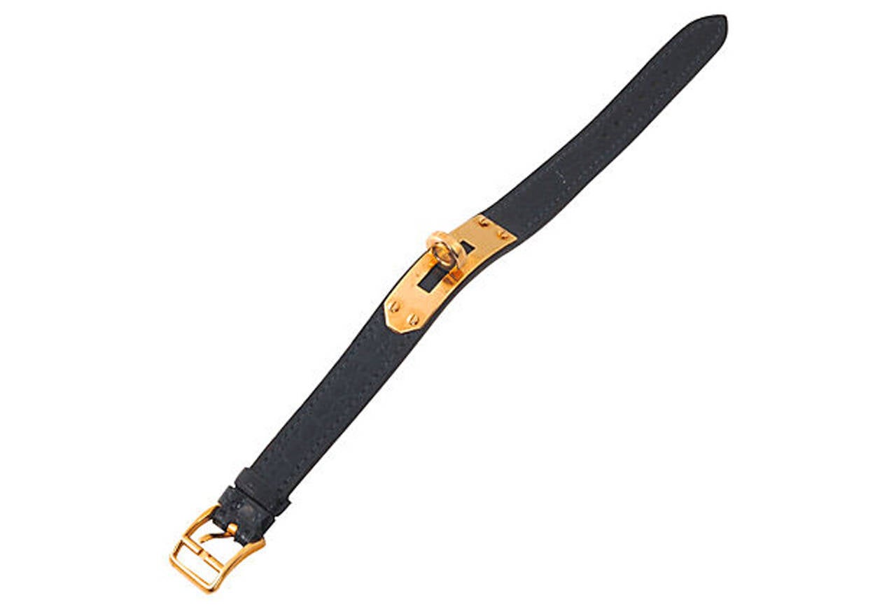 Hermès Navy Crocodile and 18 Karat Gold-Plated Kelly Watchband For Sale 2