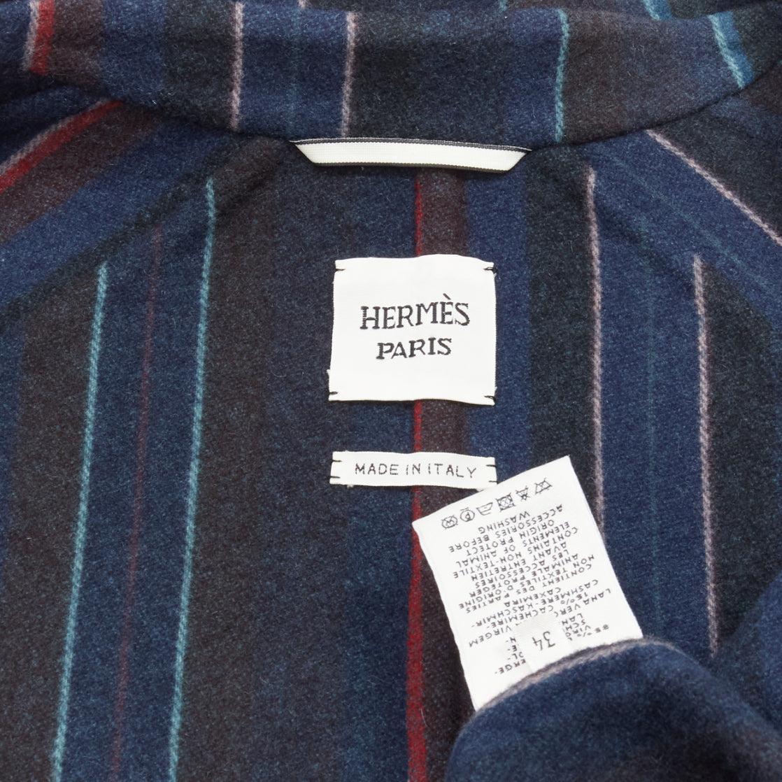 HERMES navy double faced virgin wool cashmere stripe lining maxi coat FR34 XS 6