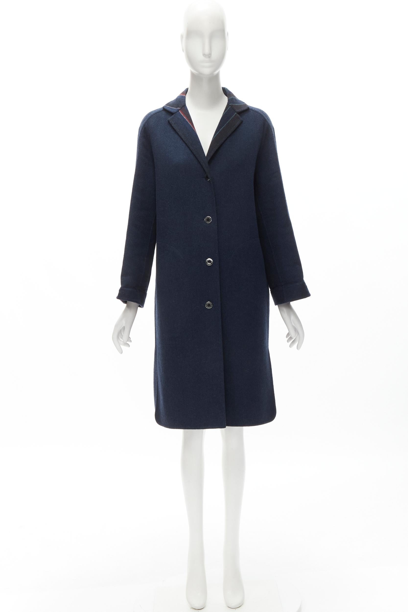 HERMES navy double faced virgin wool cashmere stripe lining maxi coat FR34 XS 7