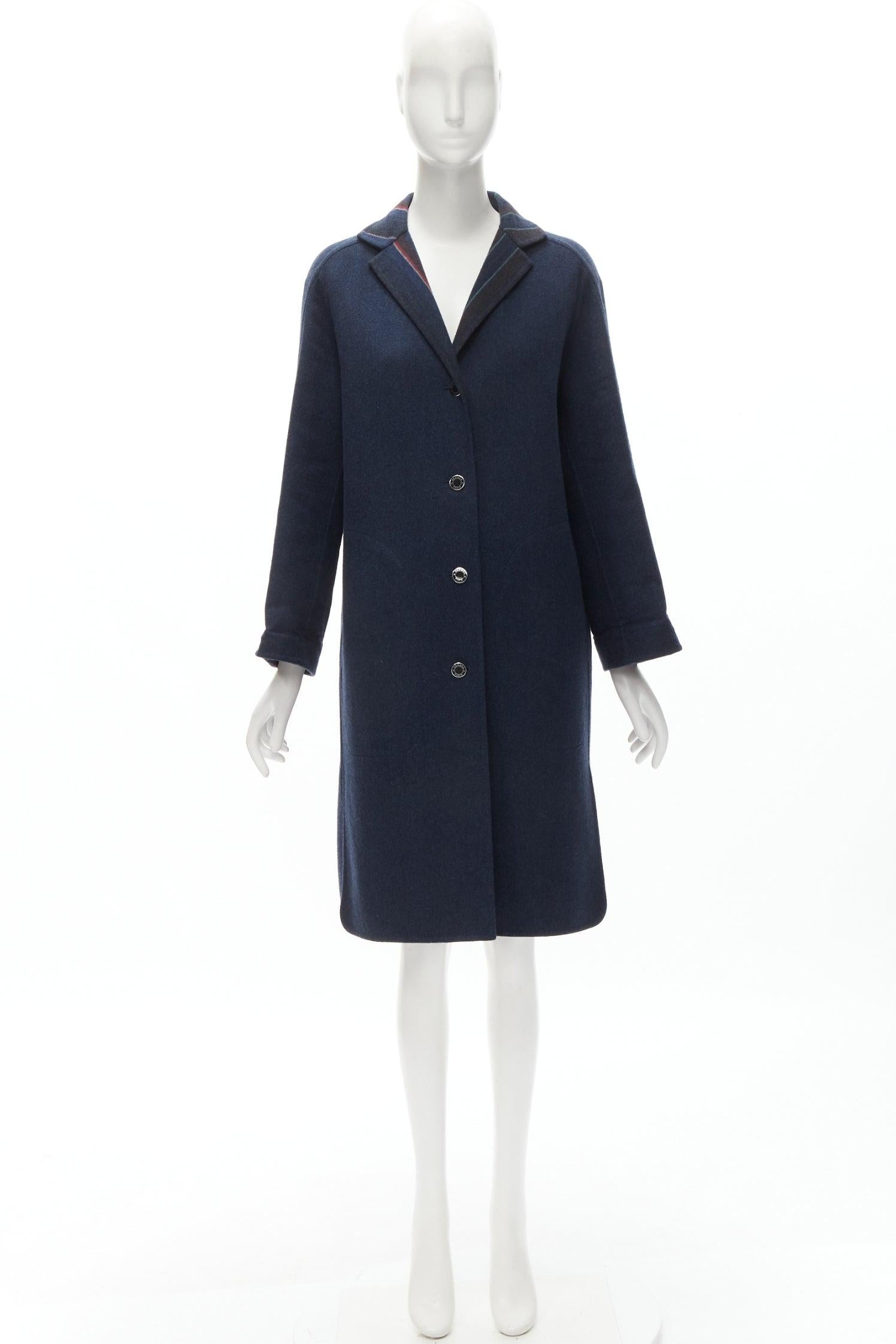 HERMES navy double faced virgin wool cashmere stripe lining maxi coat FR34 XS 7