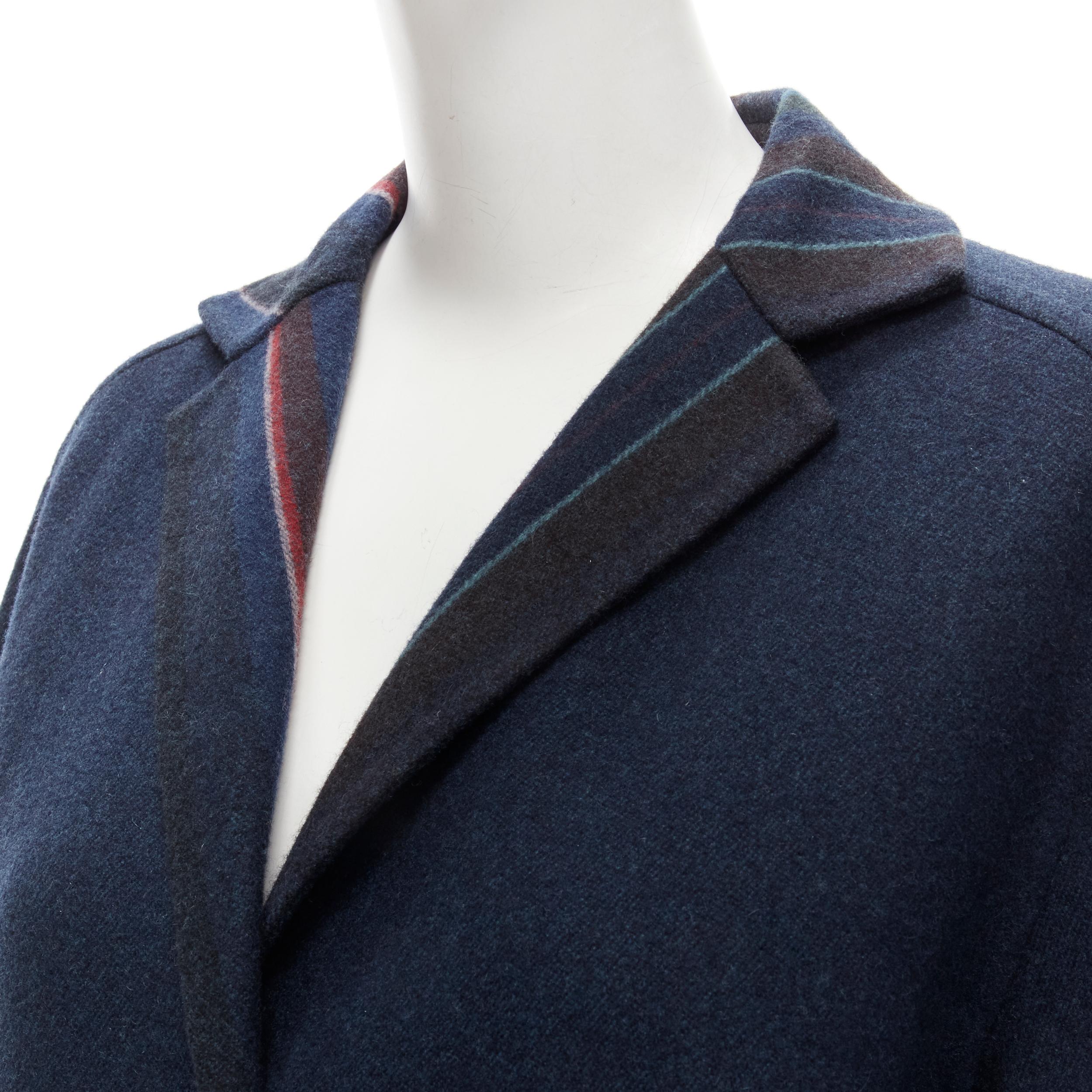 HERMES navy double faced virgin wool cashmere stripe lining maxi coat FR34 XS
Brand: Hermes
Material: Wool
Color: Navy
Pattern: Solid
Closure: Button
Extra Detail: Silver-tone and black enamel Sellier logo buttons. Double faced wool-cashmere blend.