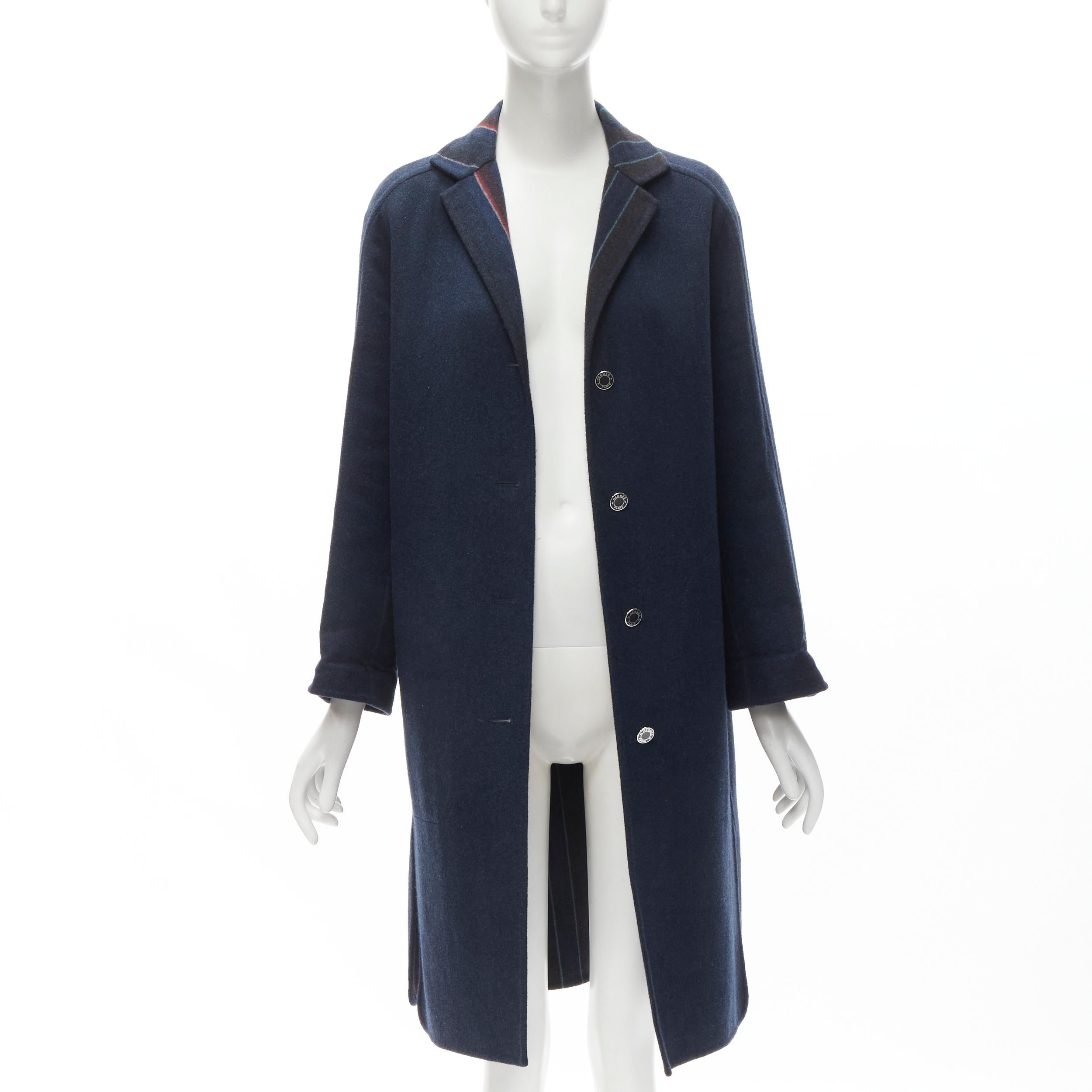 HERMES navy double faced virgin wool cashmere stripe lining maxi coat FR34 XS In Excellent Condition In Hong Kong, NT