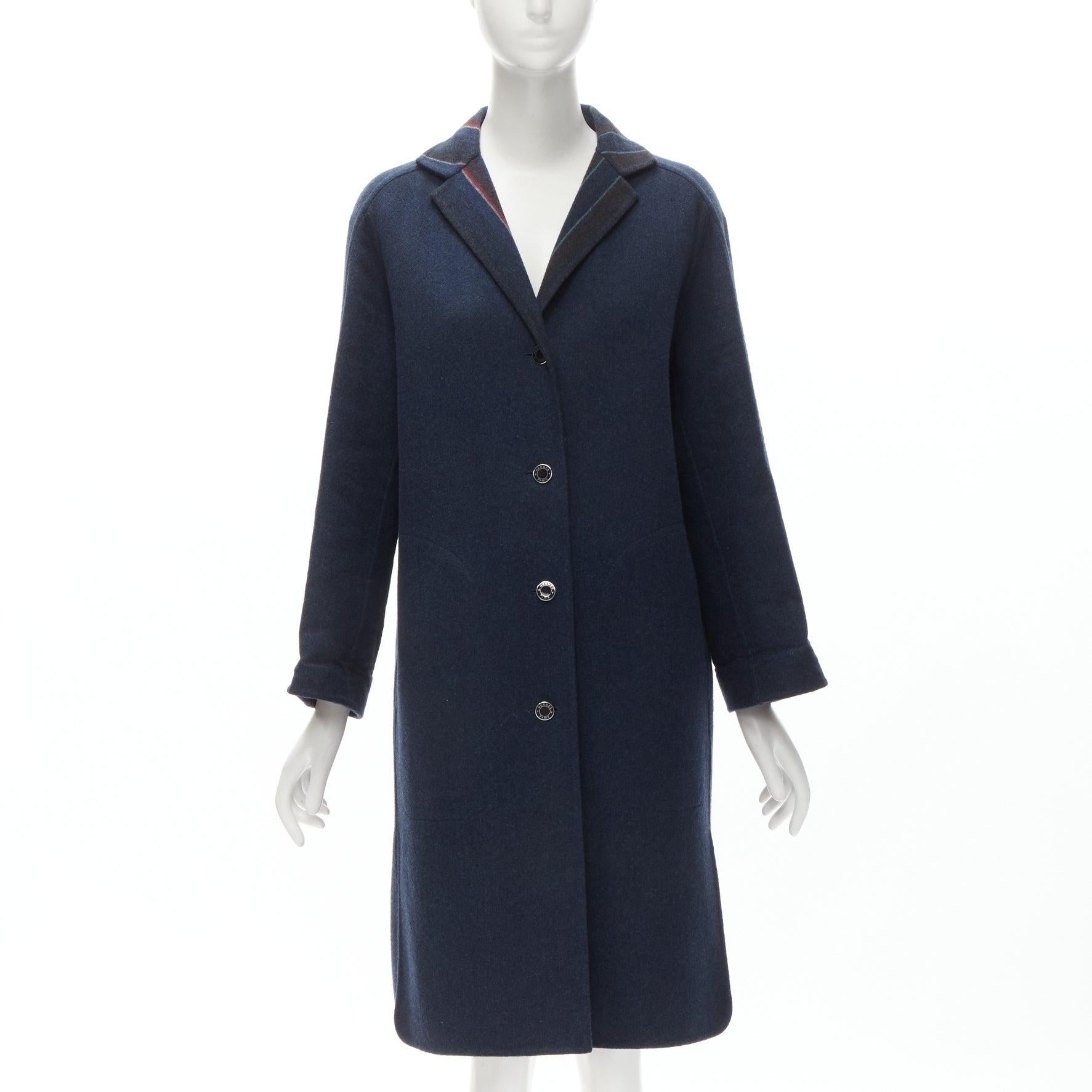 HERMES navy double faced virgin wool cashmere stripe lining maxi coat FR34 XS In Excellent Condition In Hong Kong, NT