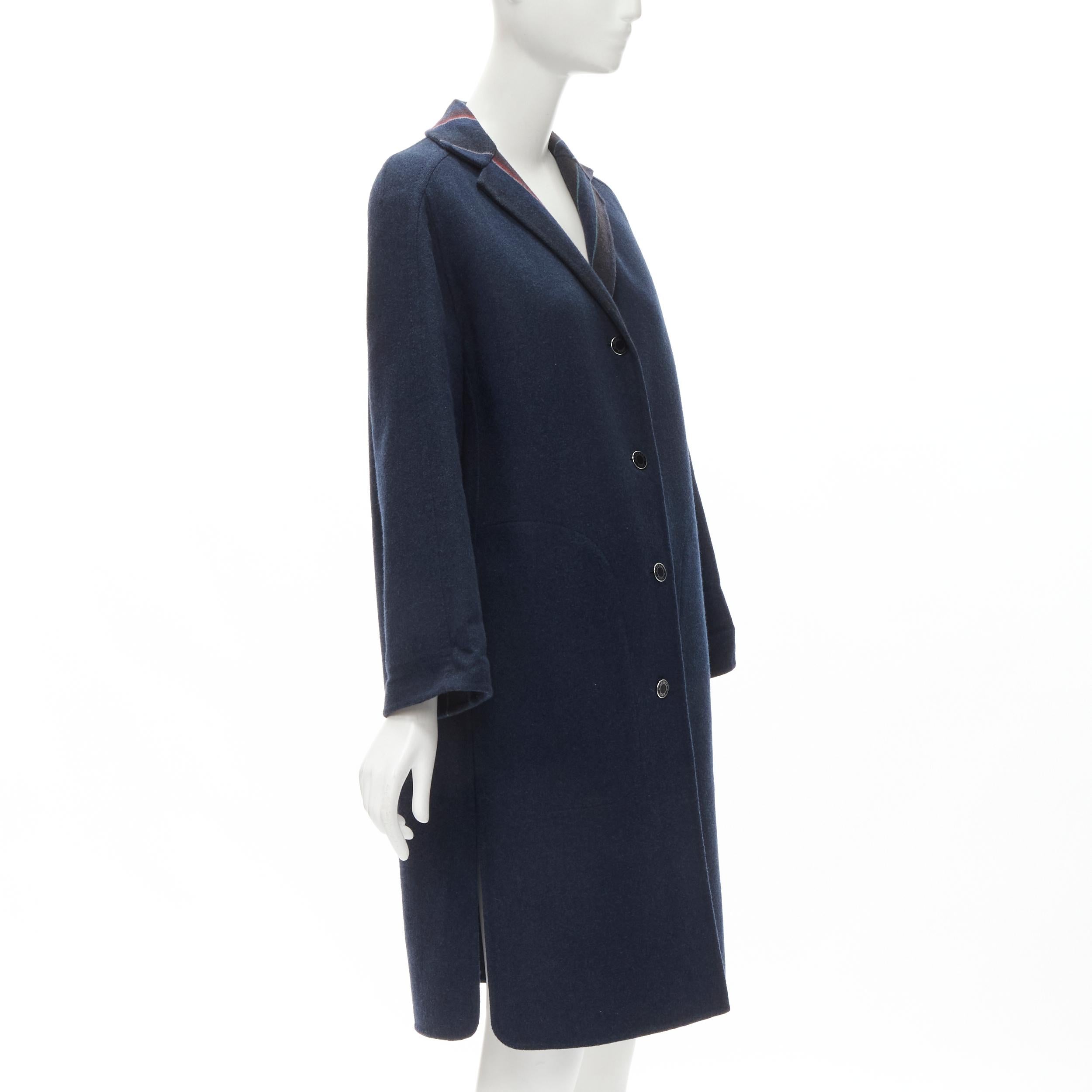 Women's HERMES navy double faced virgin wool cashmere stripe lining maxi coat FR34 XS