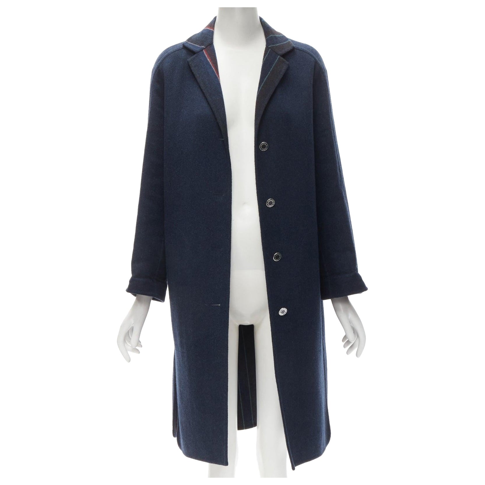 HERMES navy double faced virgin wool cashmere stripe lining maxi coat FR34 XS