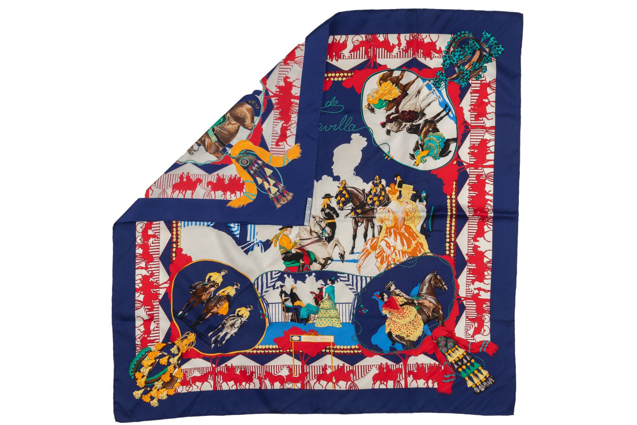 Hermes navy blue Feria de Sevilla Scarf made from 100% silk. Hand rolled edges. Comes without box.