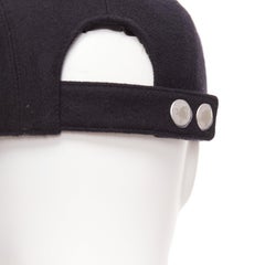 HERMES navy grey 100% virgin wool 4 panels logo snap button cap Sz.38