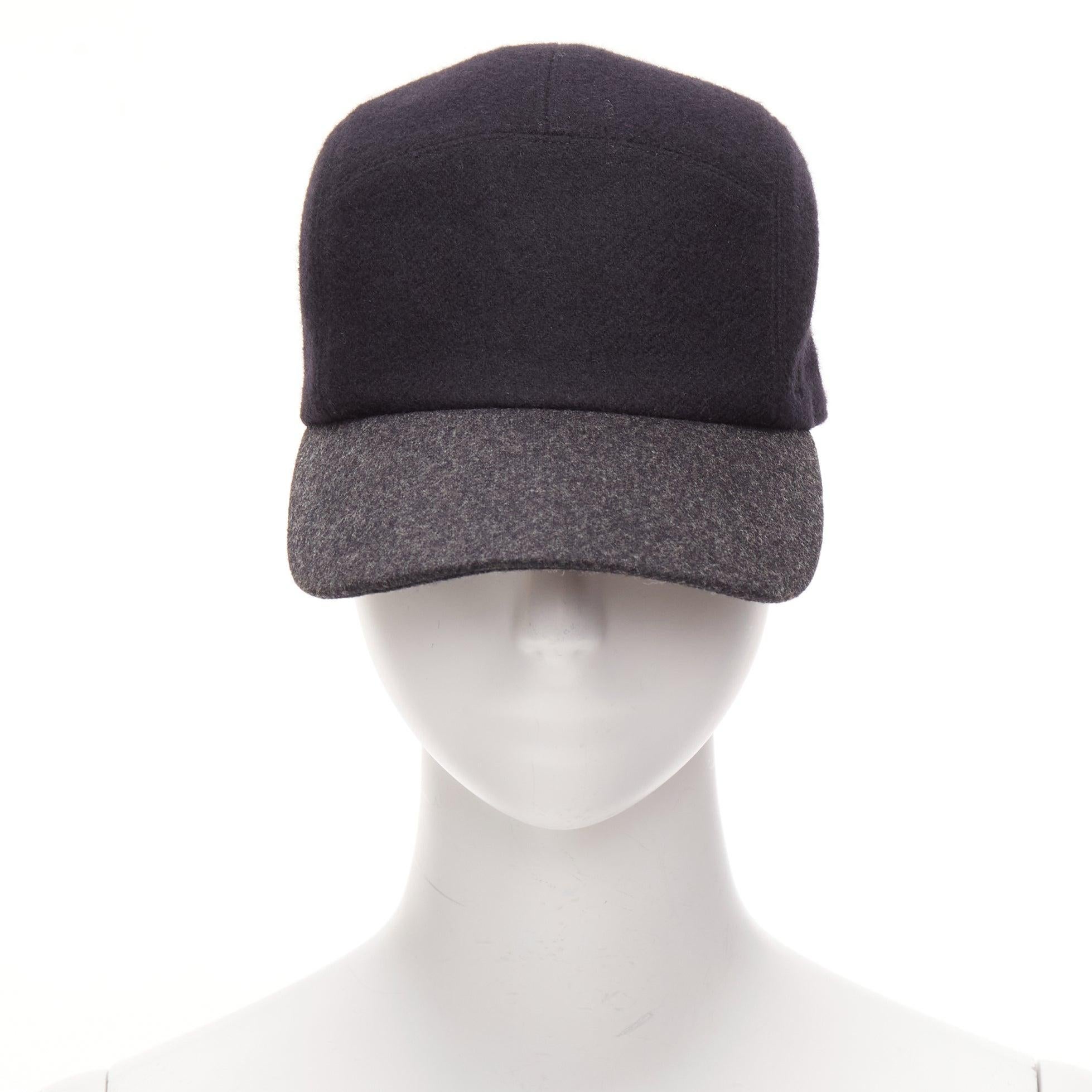 Gray HERMES navy grey 100% virgin wool 4 panels logo snap button cap Sz.38