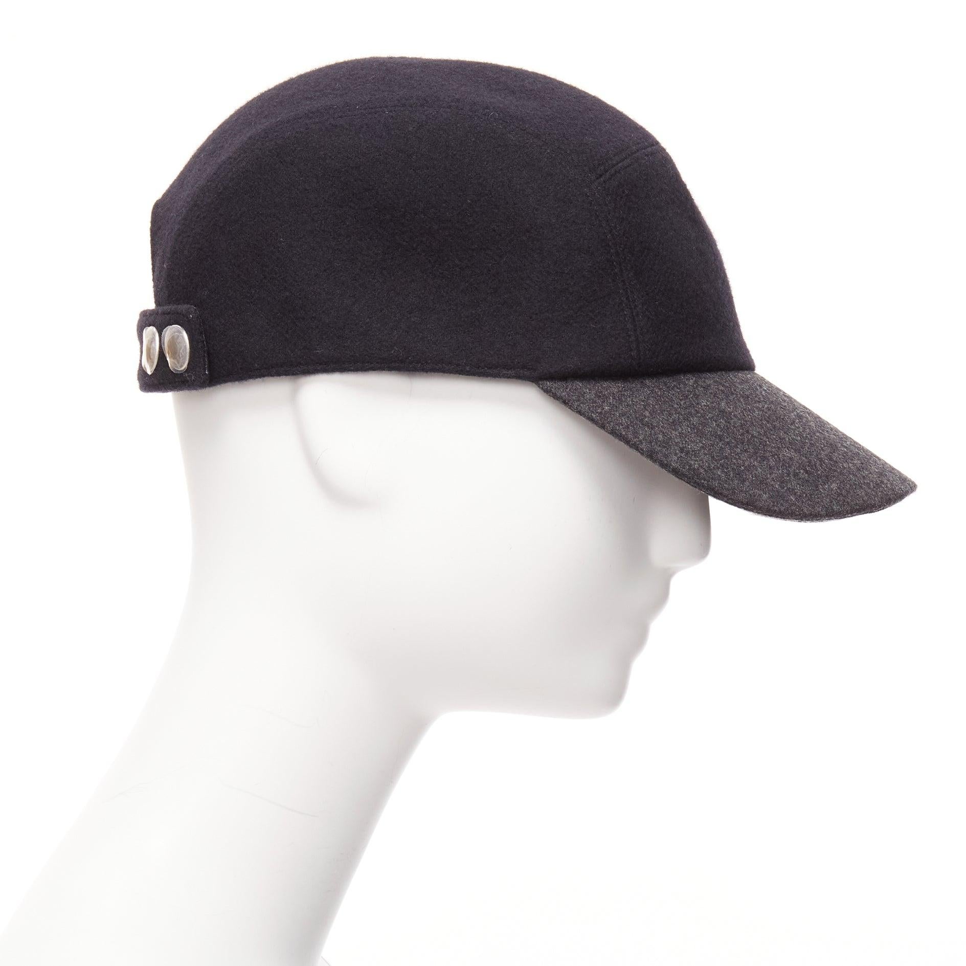 Women's HERMES navy grey 100% virgin wool 4 panels logo snap button cap Sz.38 For Sale