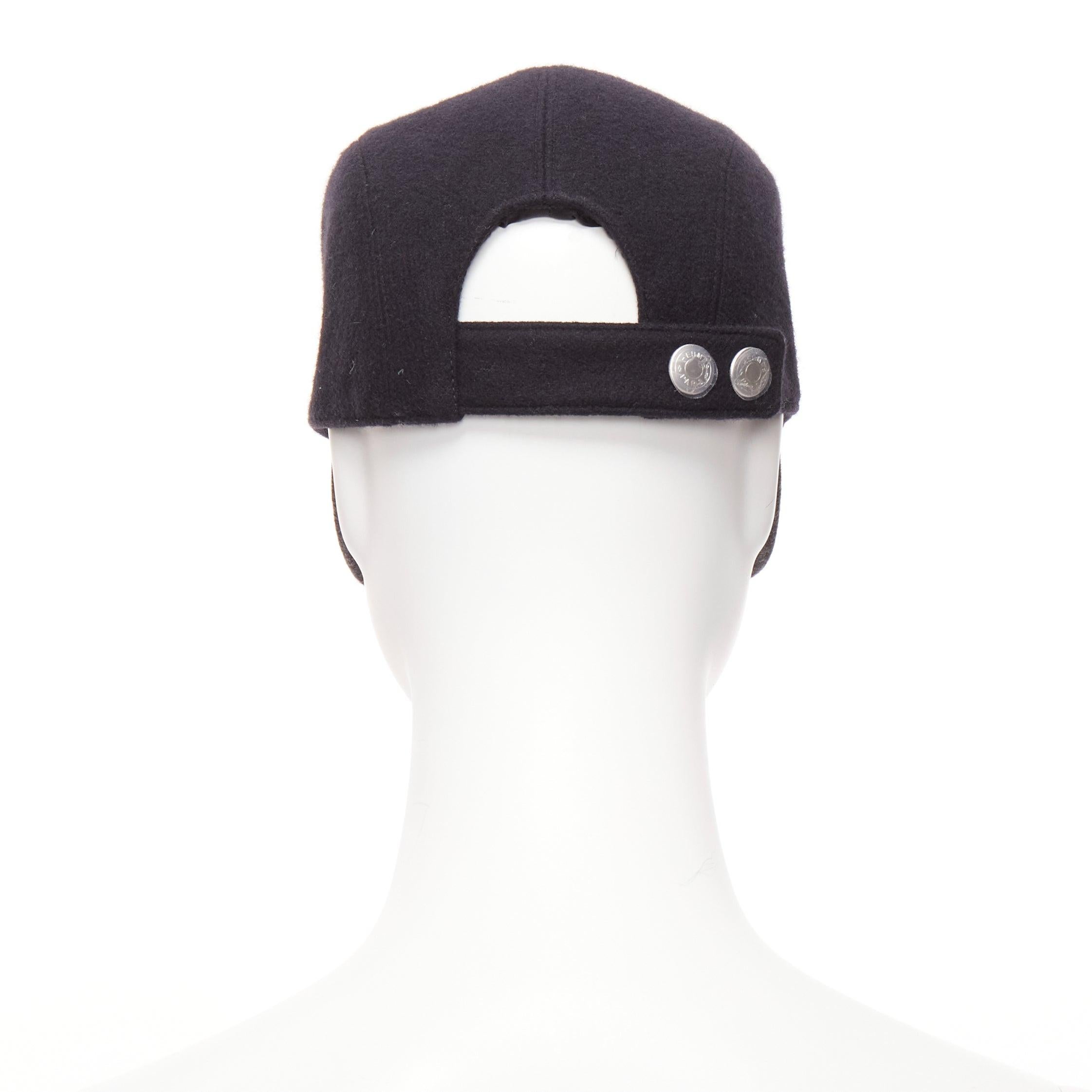 Women's HERMES navy grey 100% virgin wool 4 panels logo snap button cap Sz.38