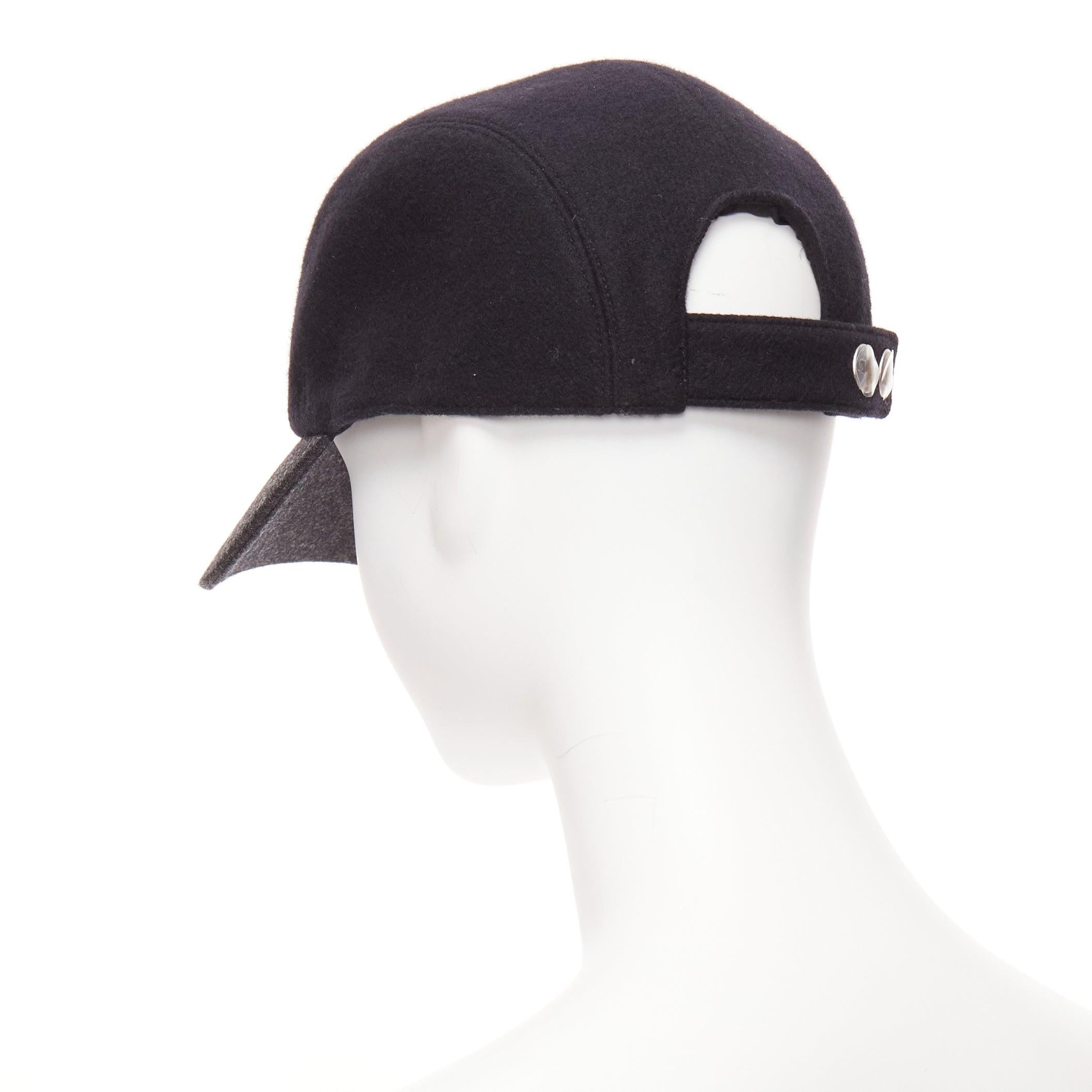 HERMES navy grey 100% virgin wool 4 panels logo snap button cap Sz.38 1