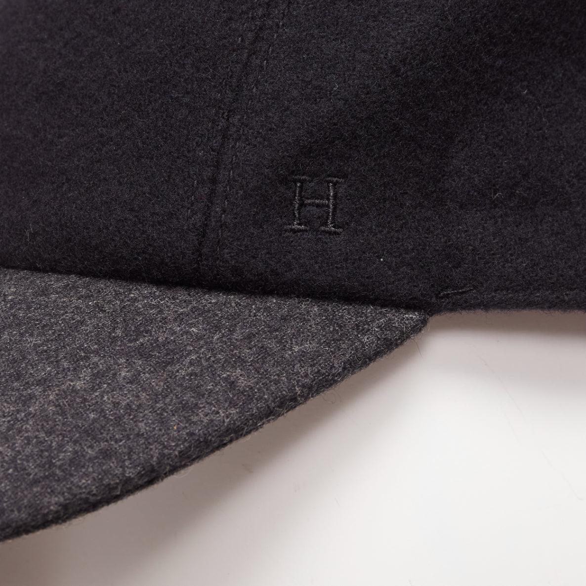 HERMES navy grey 100% virgin wool 4 panels logo snap button cap Sz.38 2