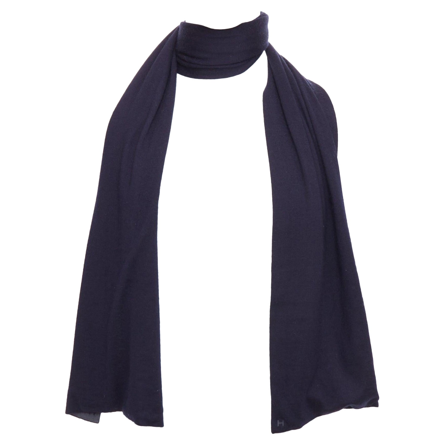 HERMES navy grey cashmere silk reversible H anagram long jersey scarf