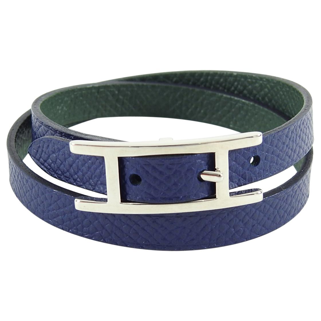 Hermes Navy Leather Behapi Double Tour Bracelet in Box.  Current price at Hermes $420 CAD. Reversible bracelet in dark navy blue and dark forest green epsom leather.  Silvertone palladium plated hardware.  Size S.  Excellent pre-owned condition with