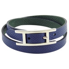 Hermès - Bracelet Behapi double tour en cuir bleu marine, dans sa boîte
