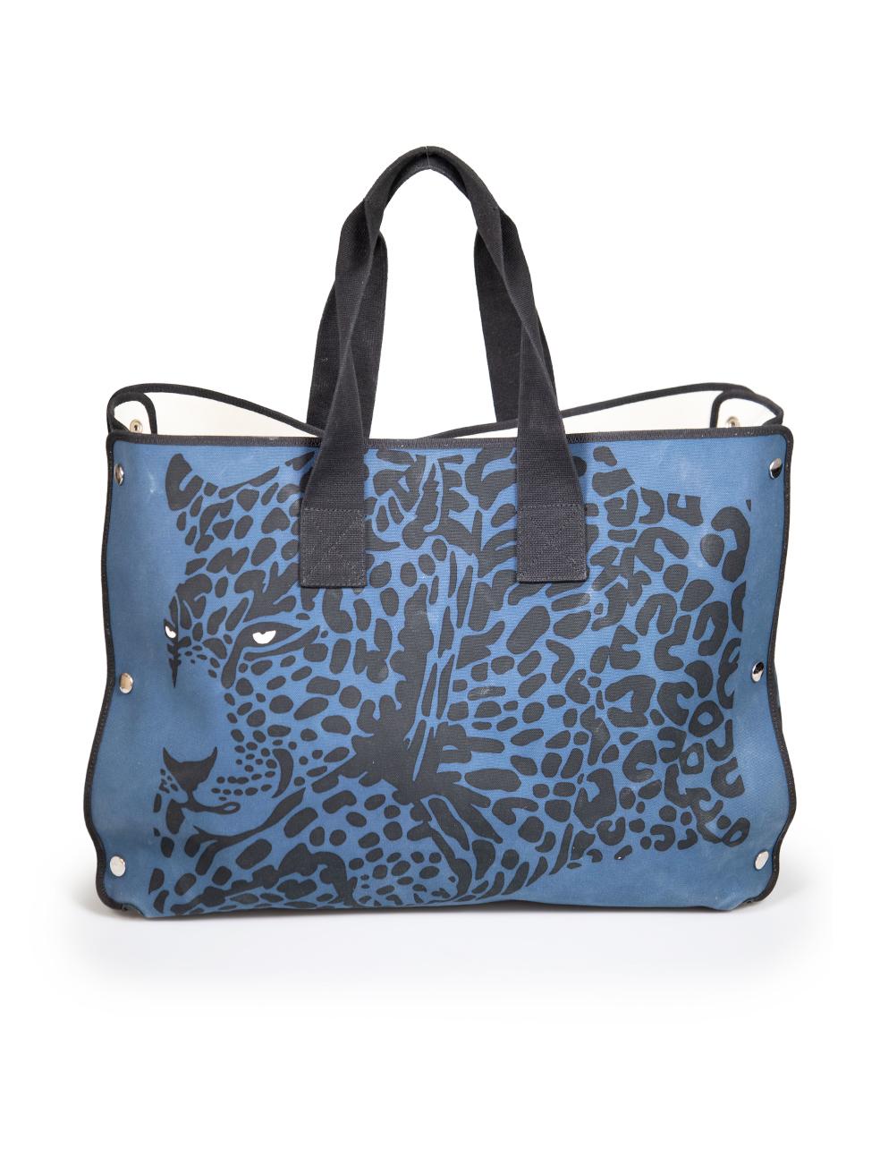 Gray Hermès Navy Leopard Pattern Large Tote Bag