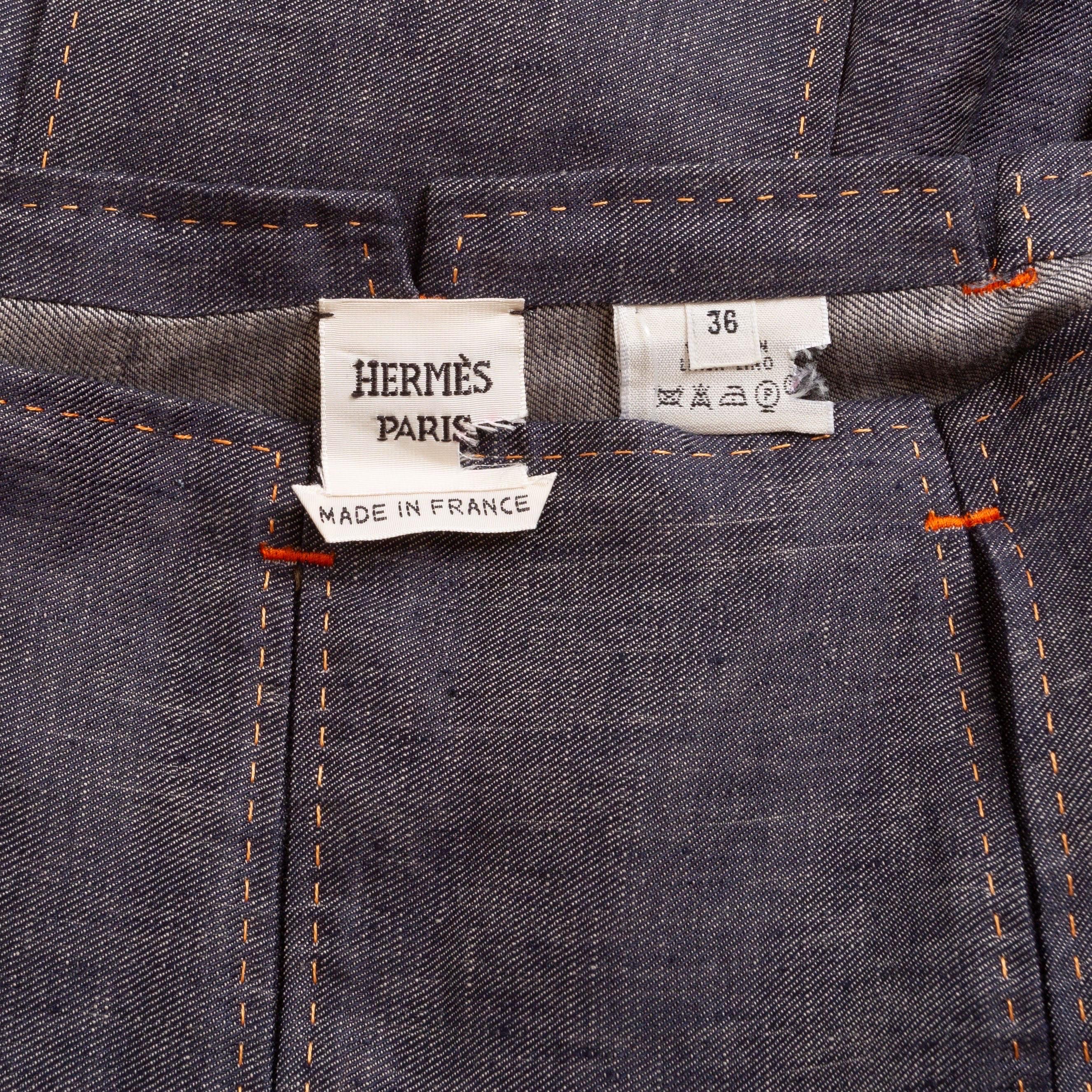 Hermès - Jupe trapèze plissée en lin marine en vente 1